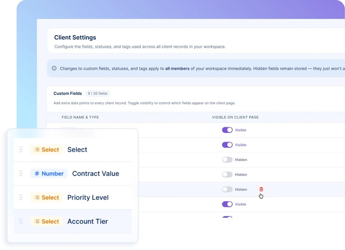 Artilo custom fields, statuses and tags settings