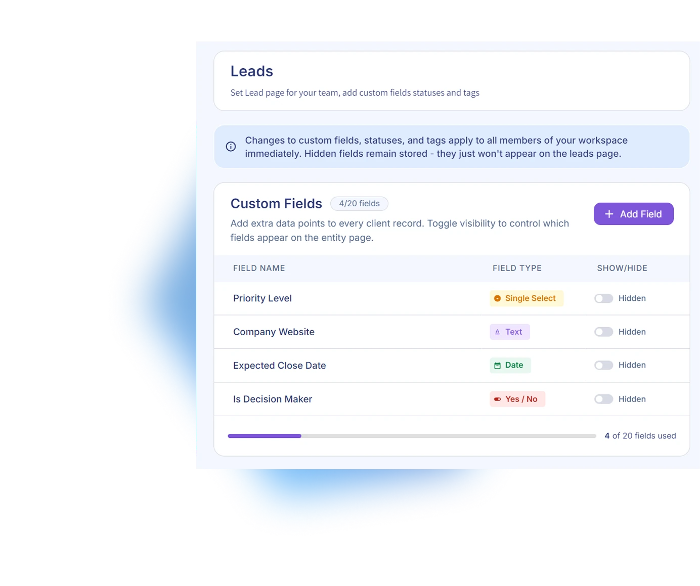 Artilo lead custom-fields and import screen