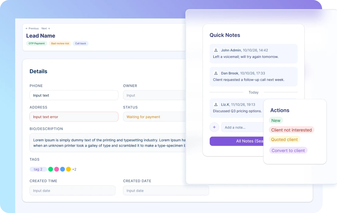 Artilo lead and client page with profile details and quick notes